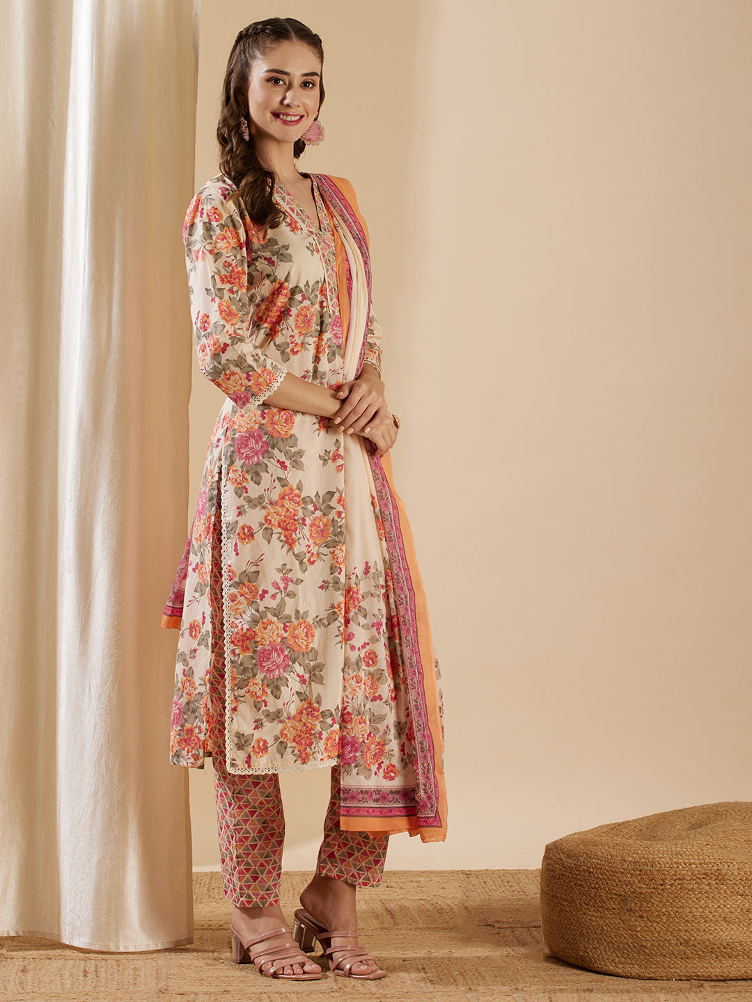 Floral Printed & Zari Embroidered Straight Kurta with Pant & Pure Cotton Dupatta - Off White