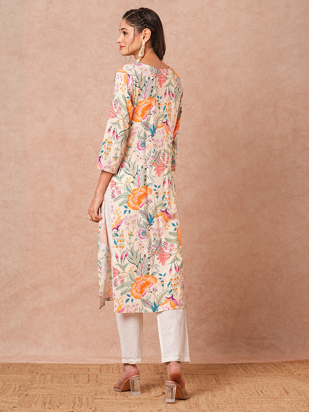 Abstract Floral Printed Straight Fit Kurta - Cream