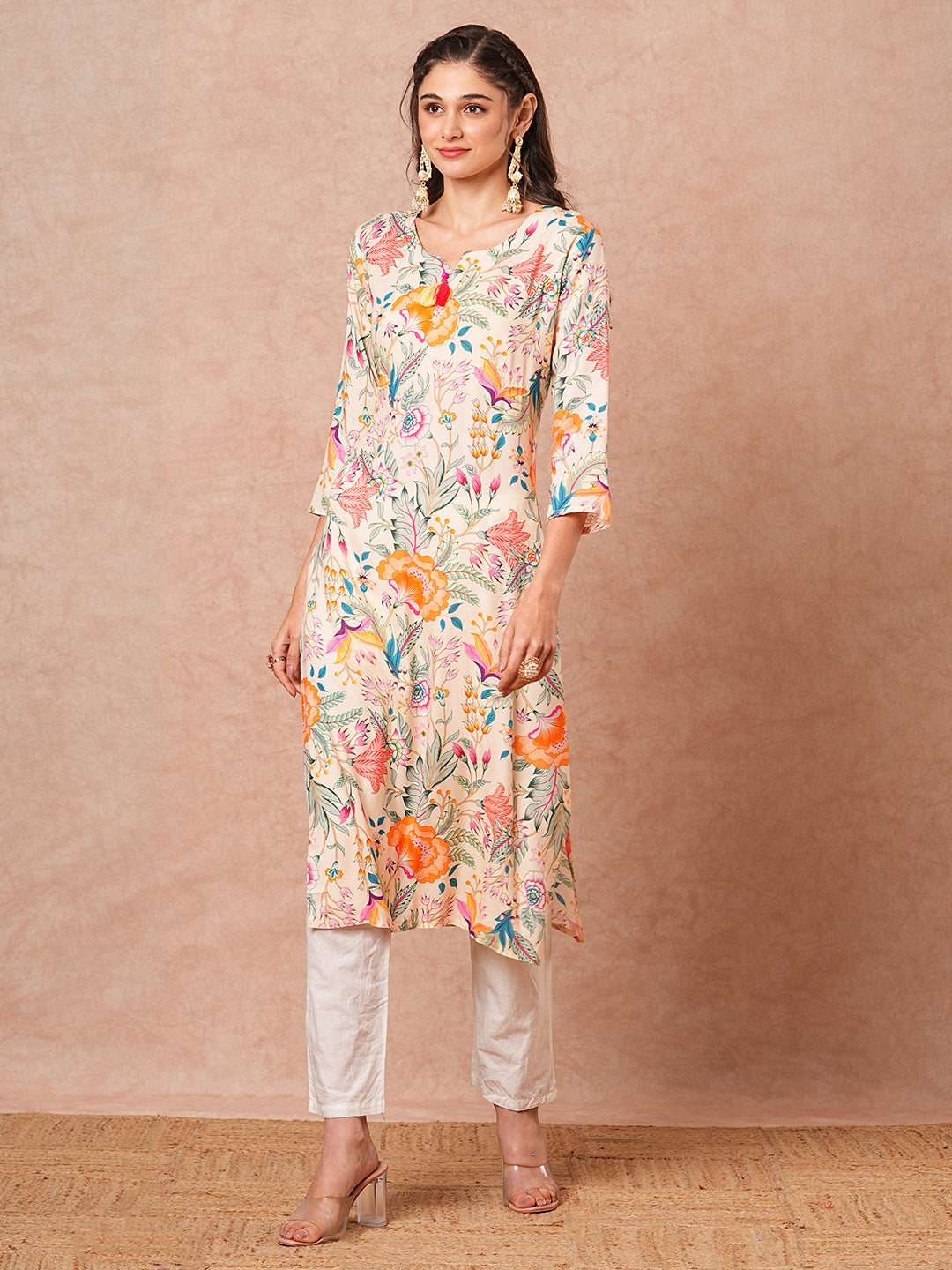 Abstract Floral Printed Straight Fit Kurta - Cream