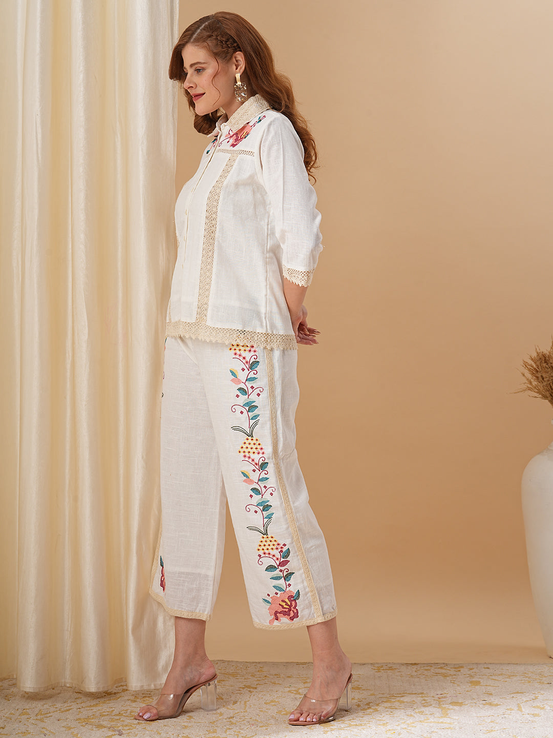 Floral Cross Stitch Embroidered Straight Fit Co-ord Set - Off White