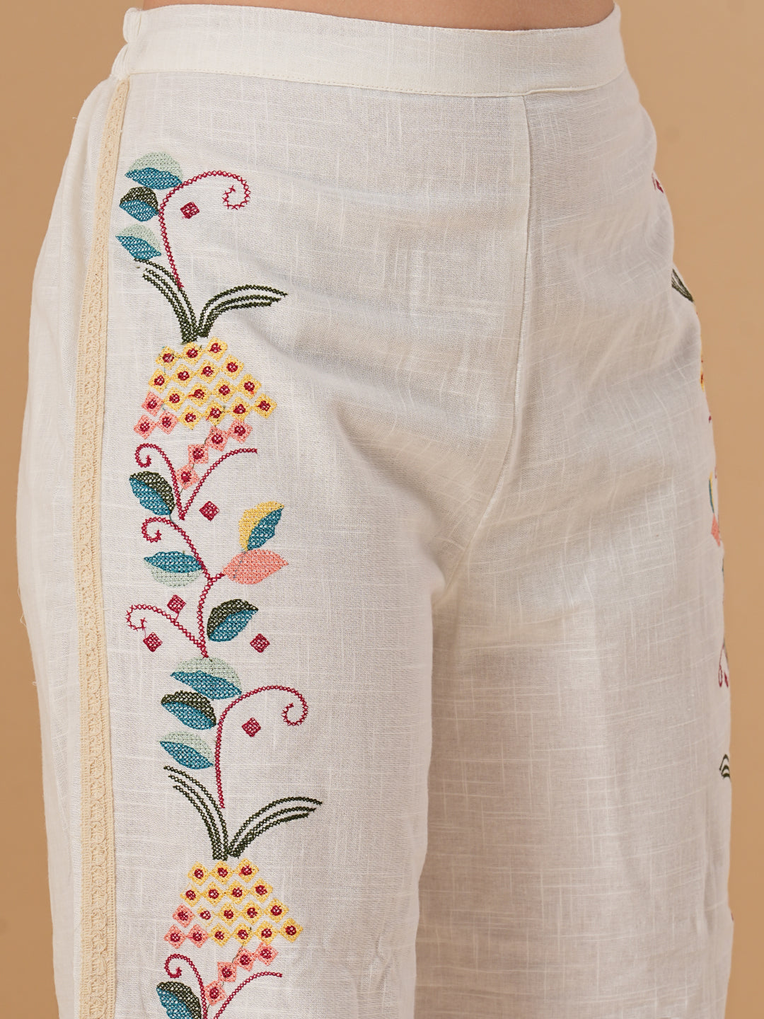 Floral Cross Stitch Embroidered Straight Fit Co-ord Set - Off White