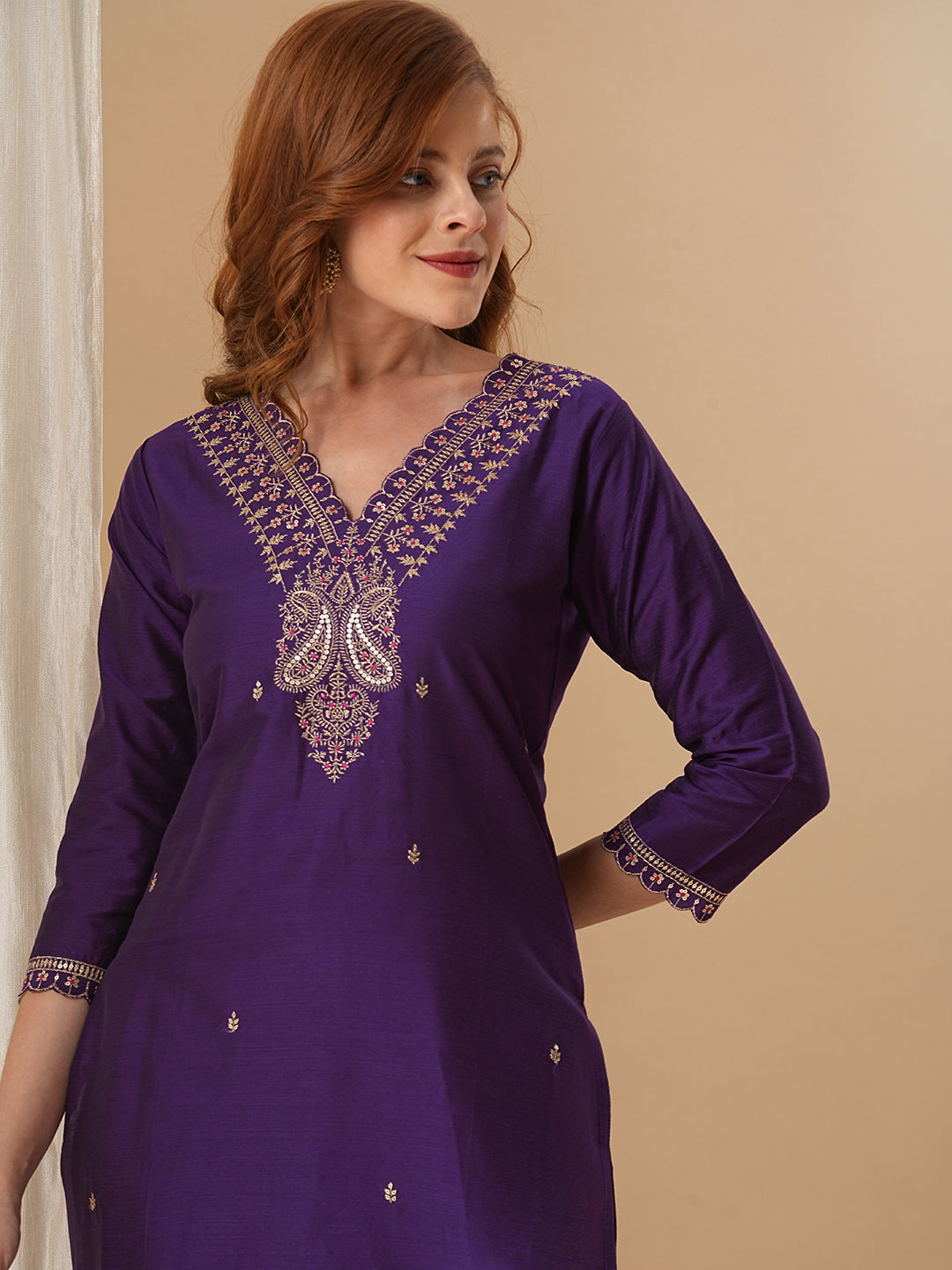 Solid Ethnic Zari Embroidered Straight Fit Kurta with Pant and Dupatta - Purple