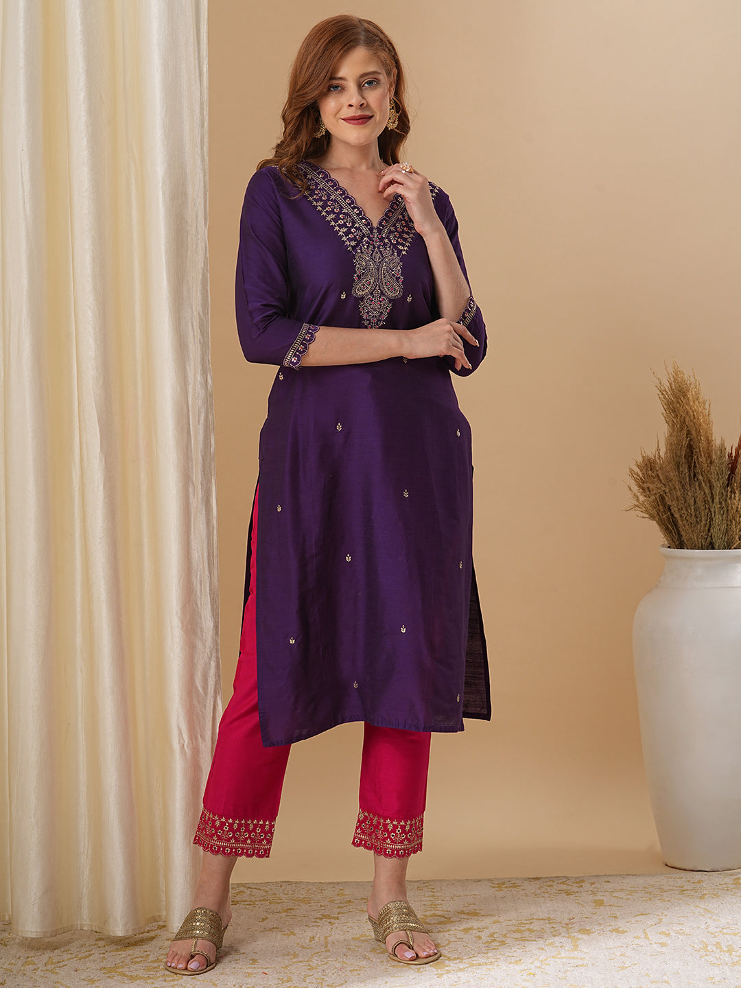 Solid Ethnic Zari Embroidered Straight Fit Kurta with Pant and Dupatta - Purple
