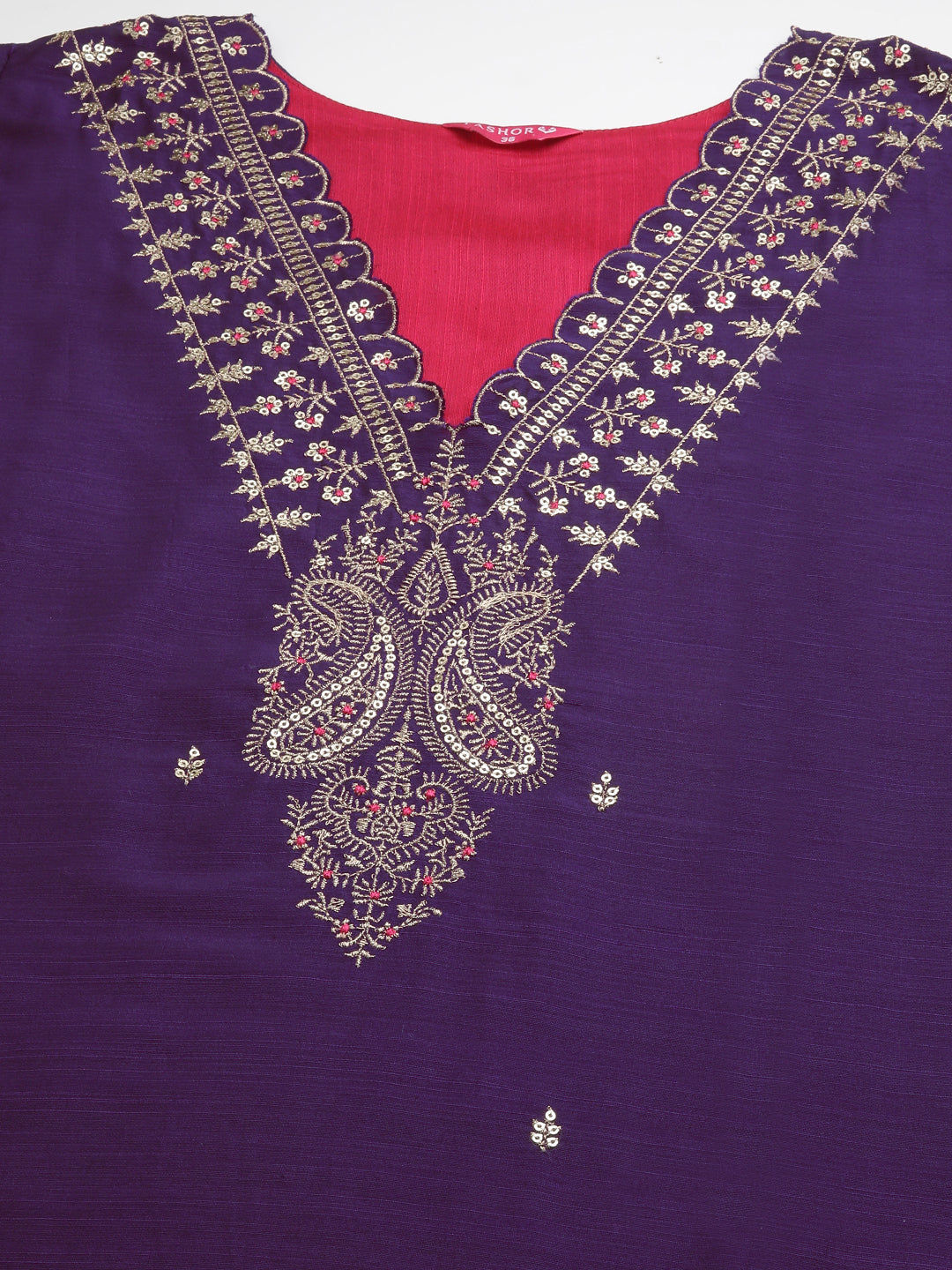 Solid Ethnic Zari Embroidered Straight Fit Kurta with Pant and Dupatta - Purple