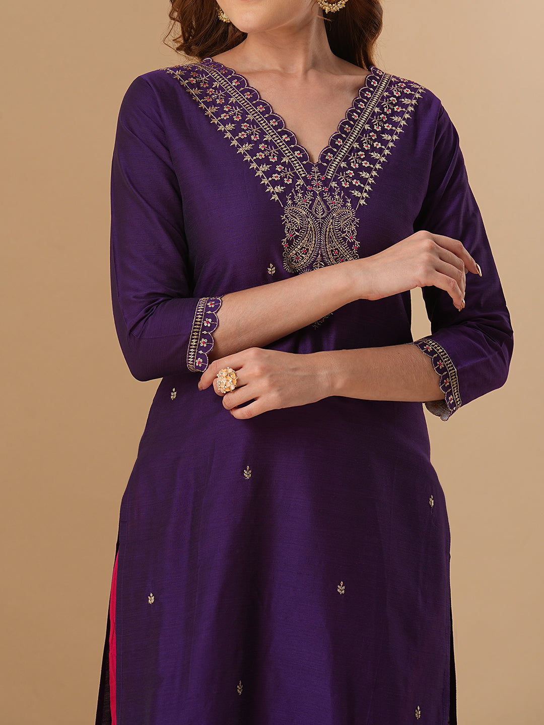 Solid Ethnic Zari Embroidered Straight Fit Kurta with Pant and Dupatta - Purple