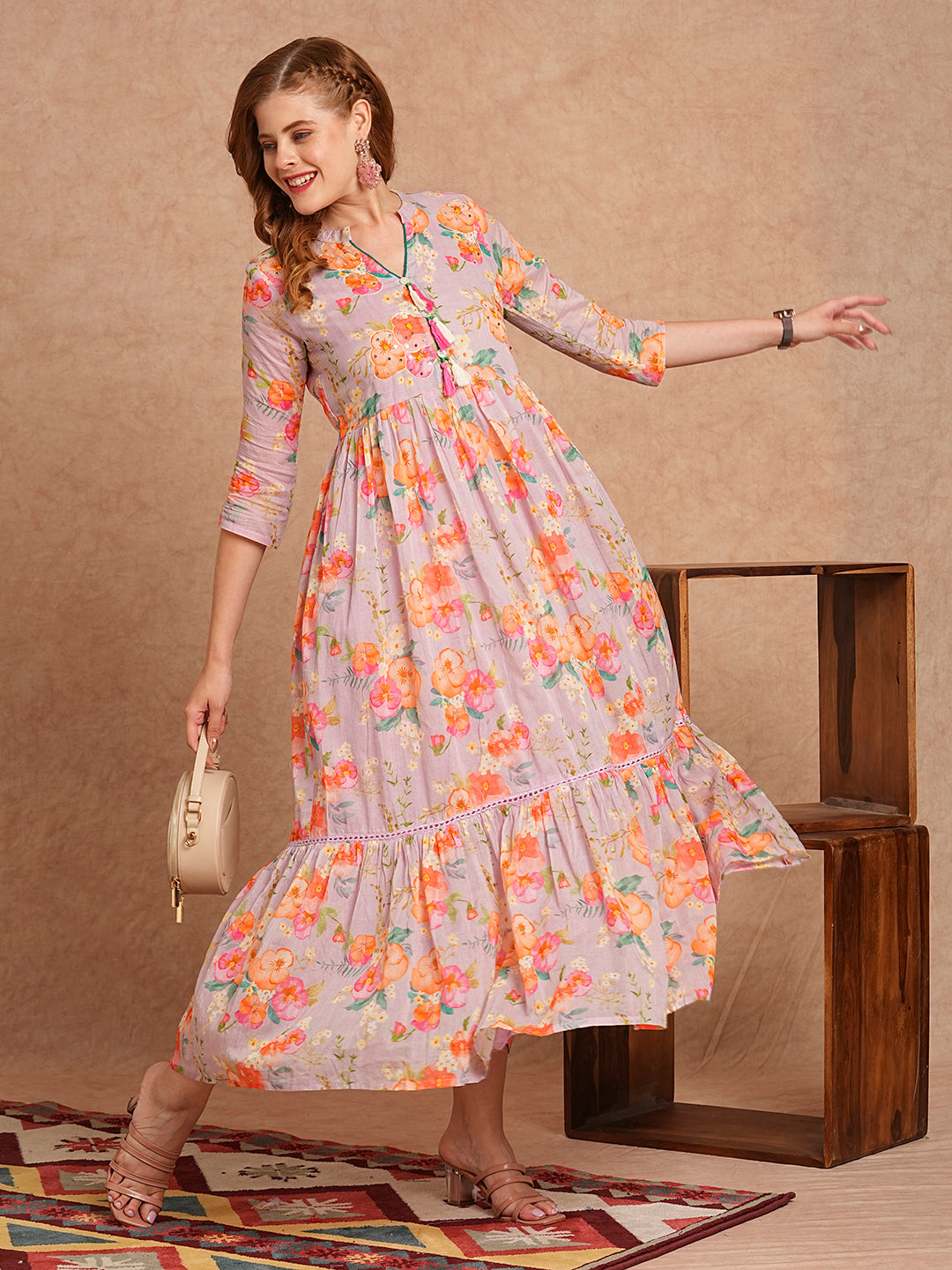 Abstract Floral Printed & Hand Embroidered A-Line Tiered Flared Maxi Dress - Lavender