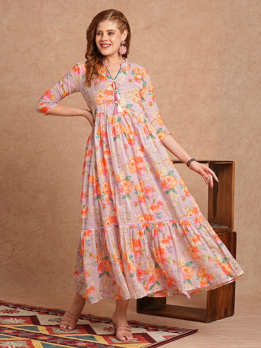 Abstract Floral Printed & Hand Embroidered A-Line Tiered Flared Maxi Dress - Lavender