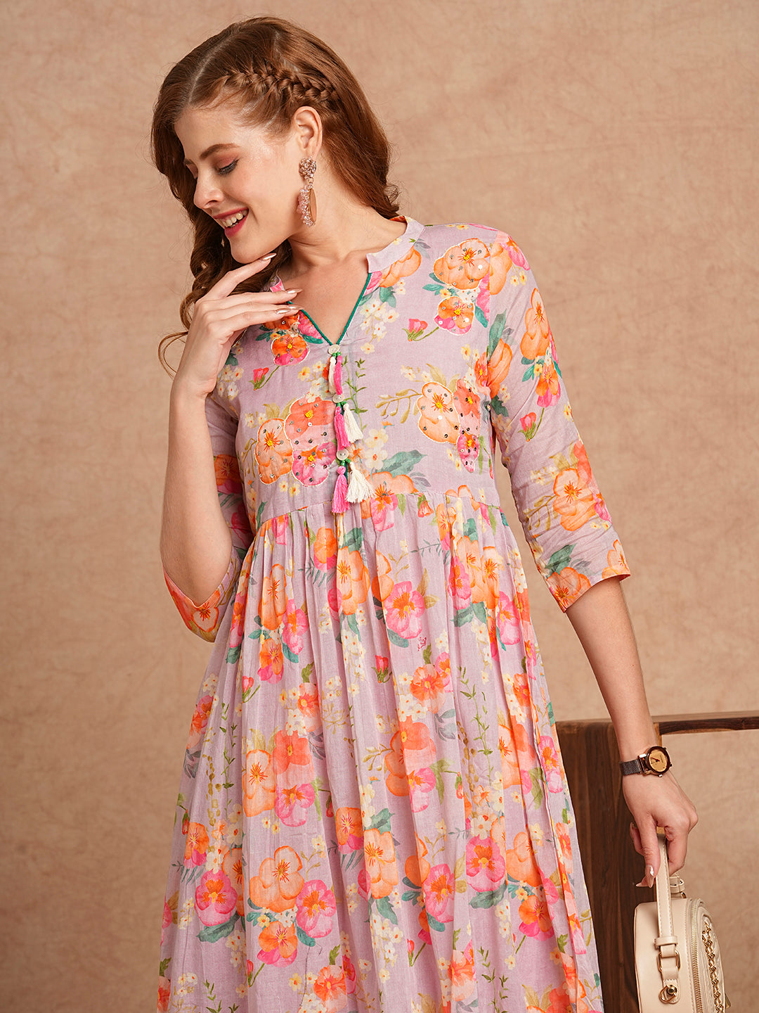 Abstract Floral Printed & Hand Embroidered A-Line Tiered Flared Maxi Dress - Lavender