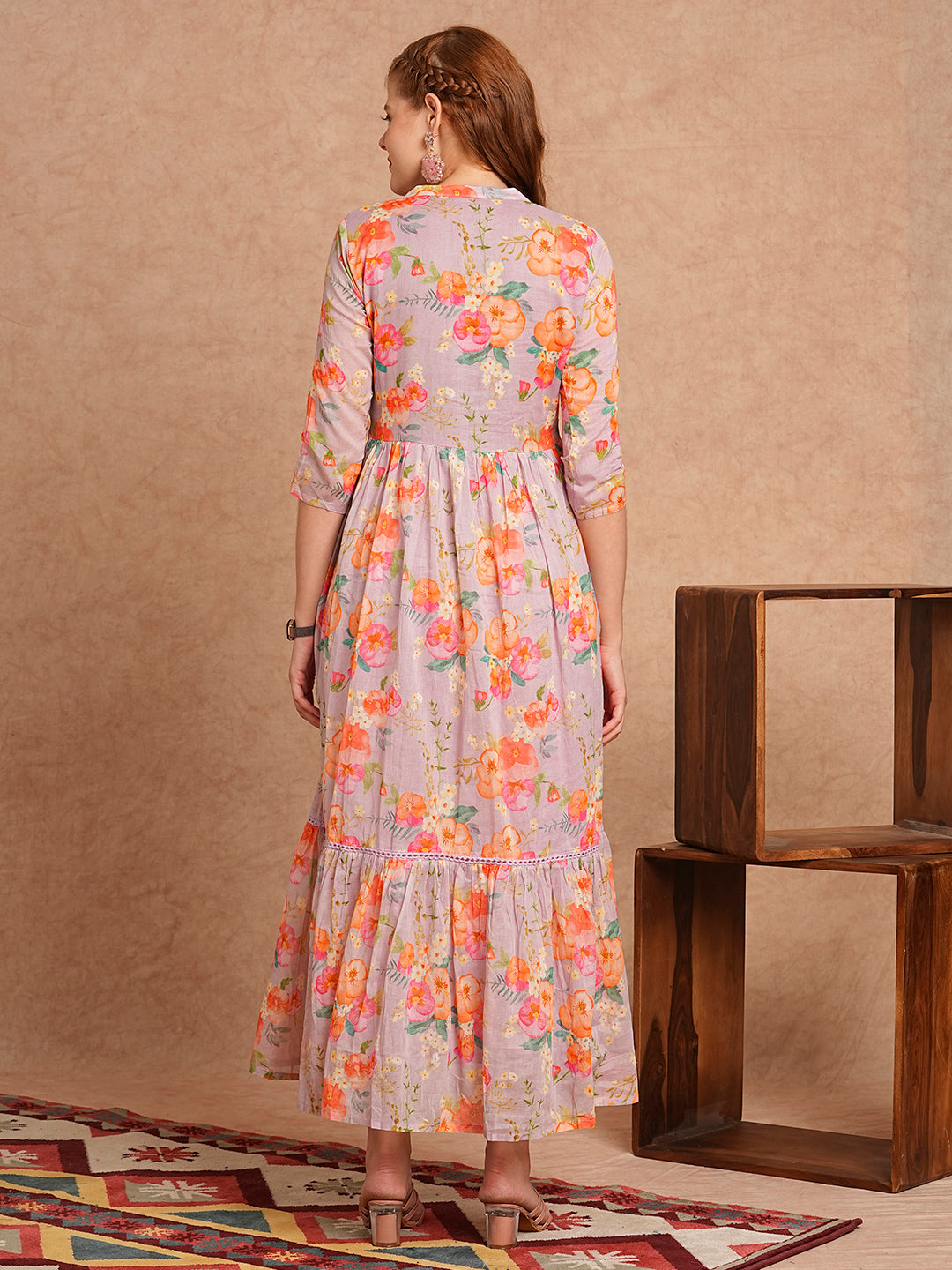 Abstract Floral Printed & Hand Embroidered A-Line Tiered Flared Maxi Dress - Lavender