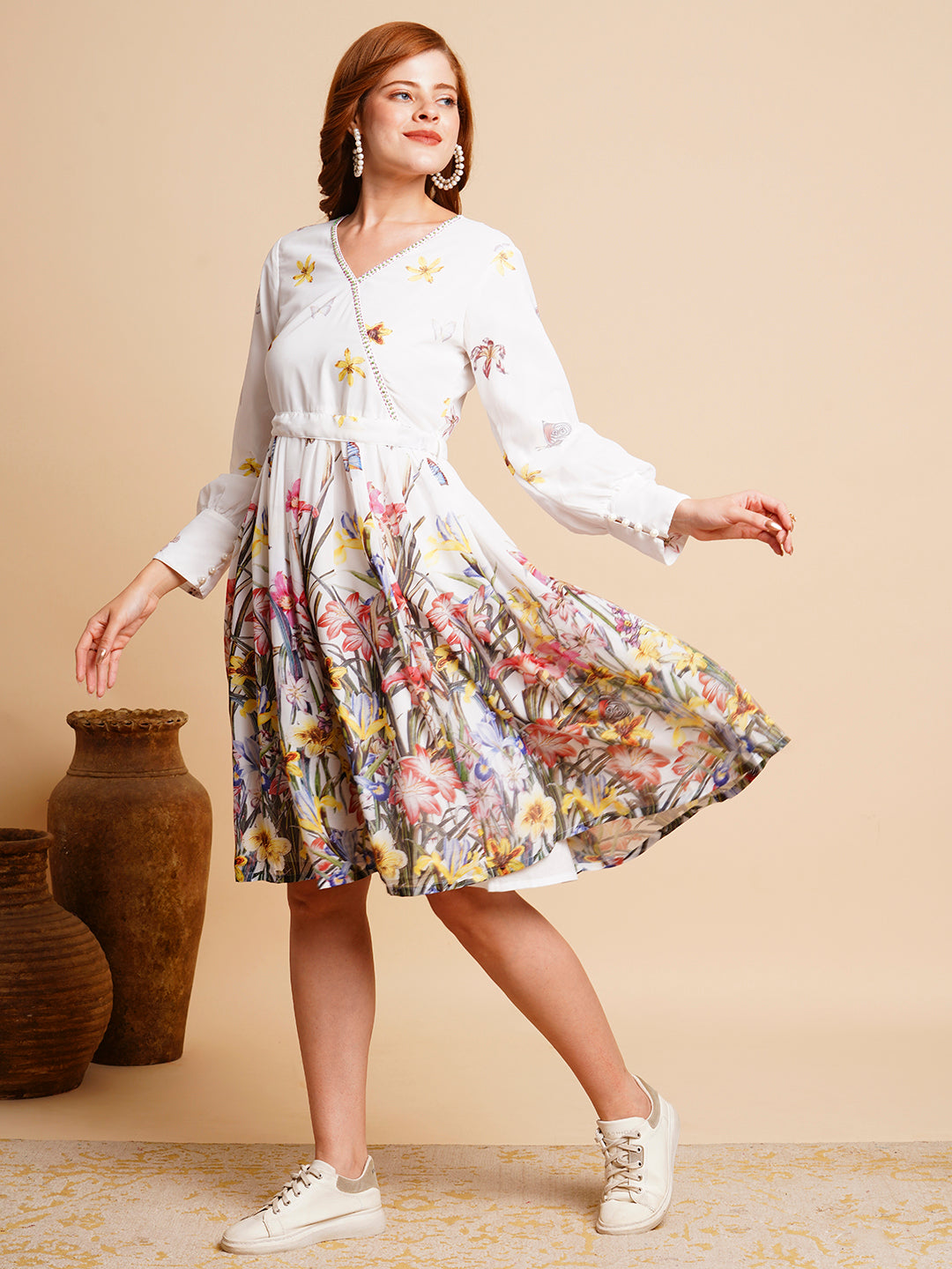 Floral Printed A Line Pleated Midi Dress with Belt White