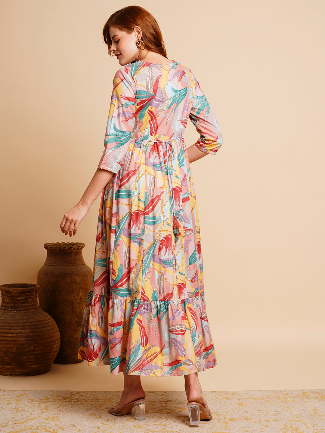 Abstract Floral Printed & Zari Embroidered A-Line Pleated Maxi Dress - Mauve