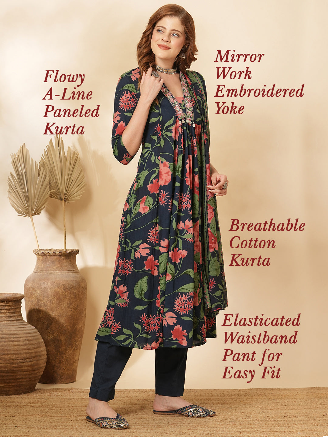 Floral Printed & Embroidered A-Line Paneled Kurta with Pant & Dupatta - Teal Blue
