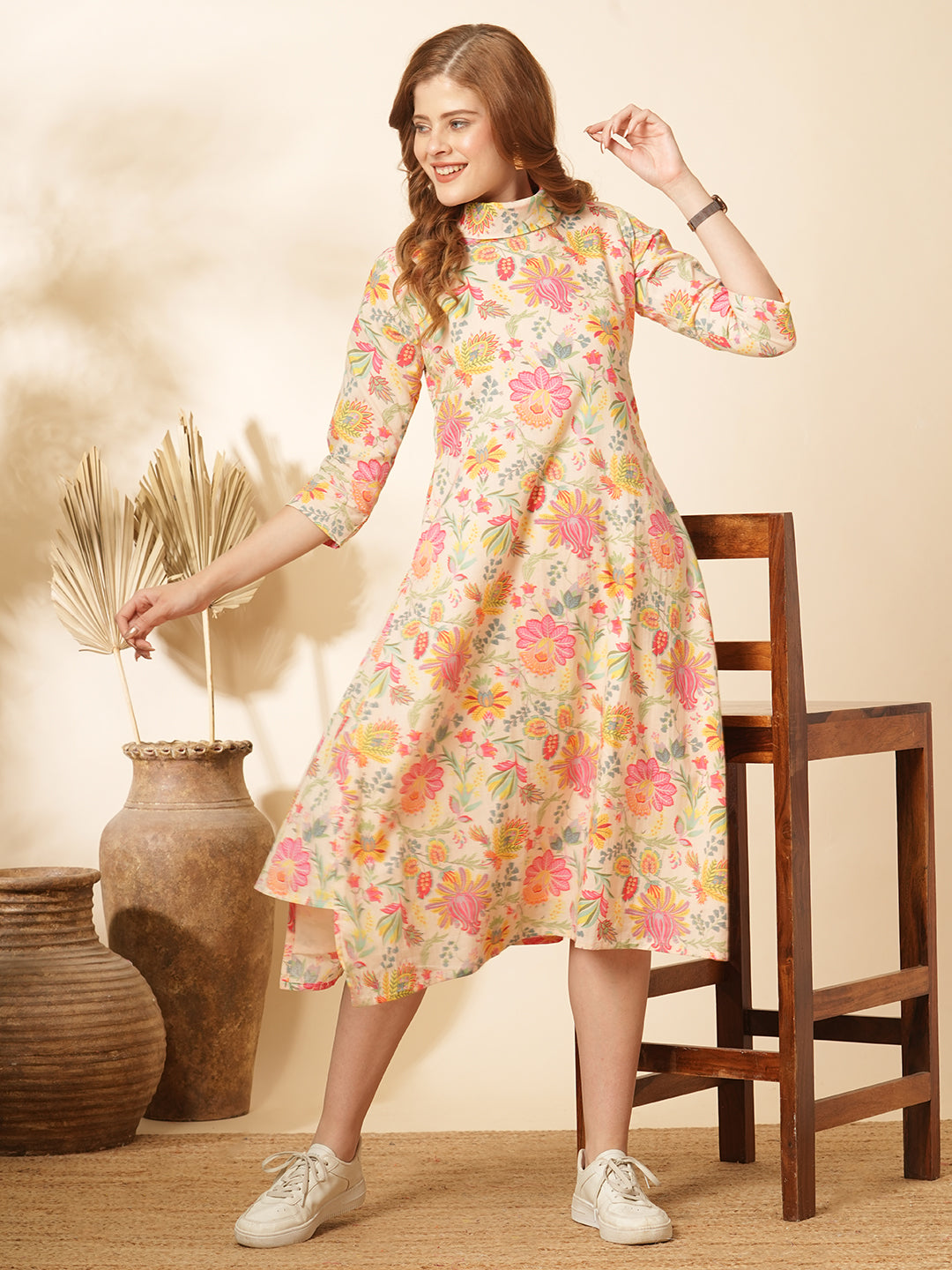 Ethnic Floral Printed A-Line Flared Paneled Midi Dress - Multi FASHOR Ethnic Floral Printed A-Line Flared Paneled Midi Dress - Multi FASHOR