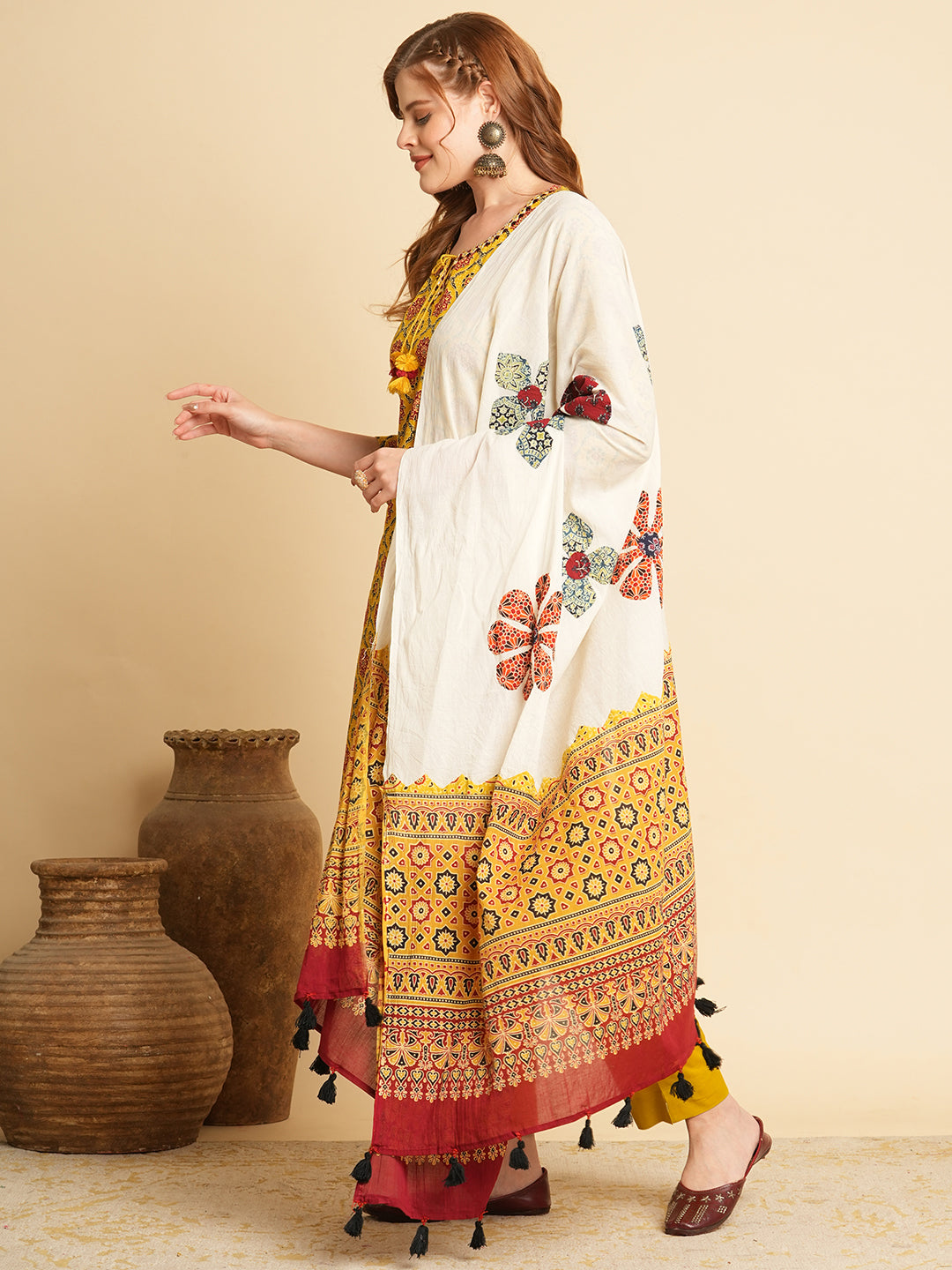 Ethnic Printed & Embroidered Kurta with Pant & Applique Work Dupatta - Mustard
