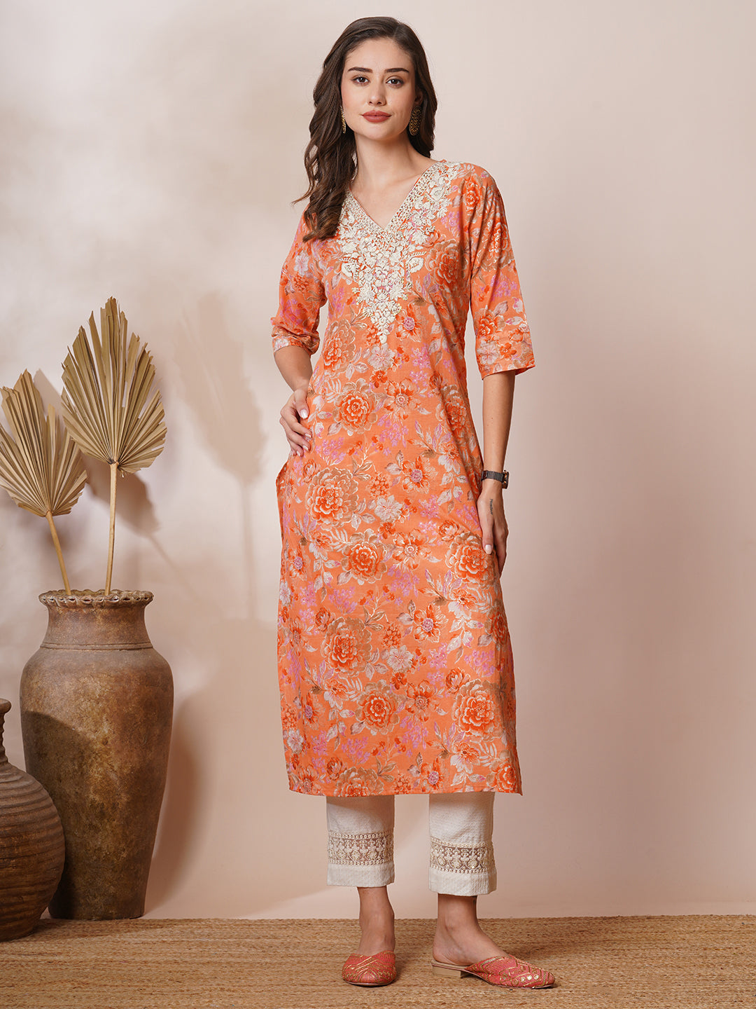 Chikankari Embroidered & Ethnic Foil Printed Straight Fit Kurta - Orange