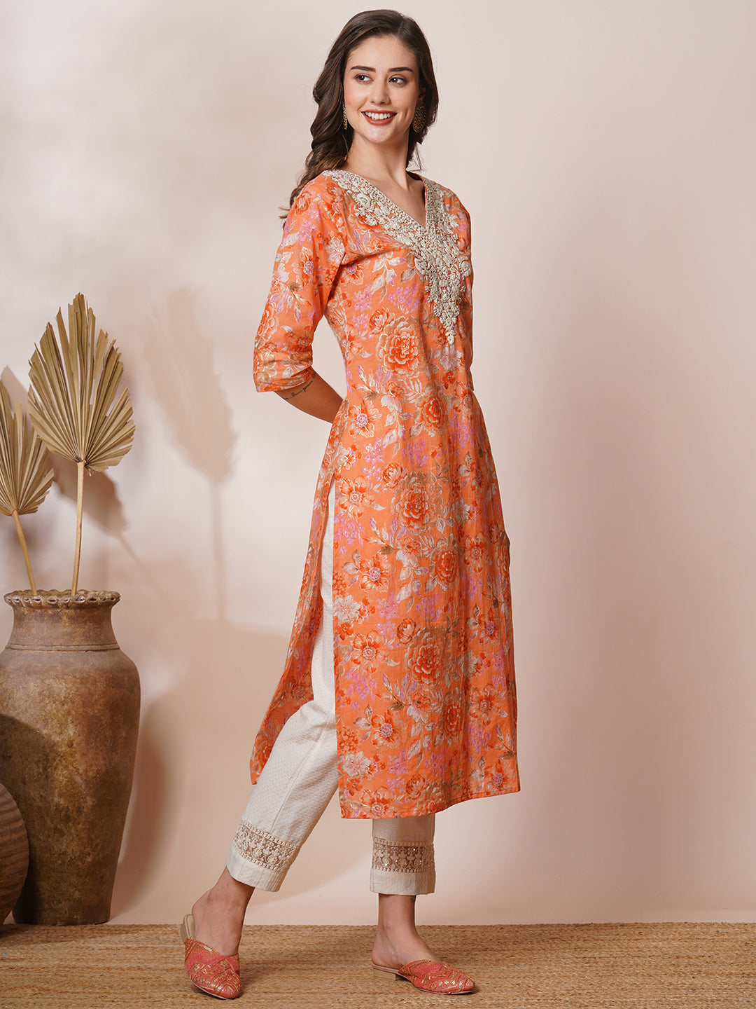 Chikankari Embroidered & Ethnic Foil Printed Straight Fit Kurta - Orange