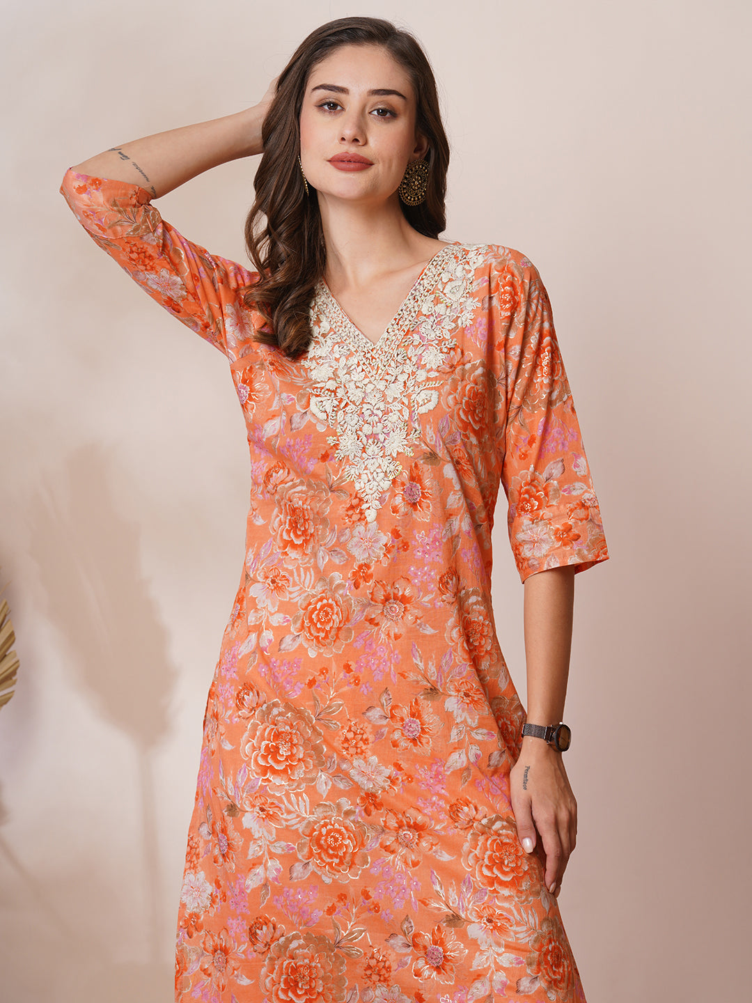 Chikankari Embroidered & Ethnic Foil Printed Straight Fit Kurta - Orange