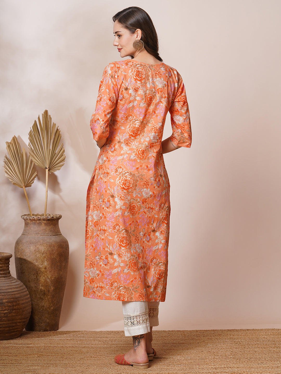 Chikankari Embroidered & Ethnic Foil Printed Straight Fit Kurta - Orange