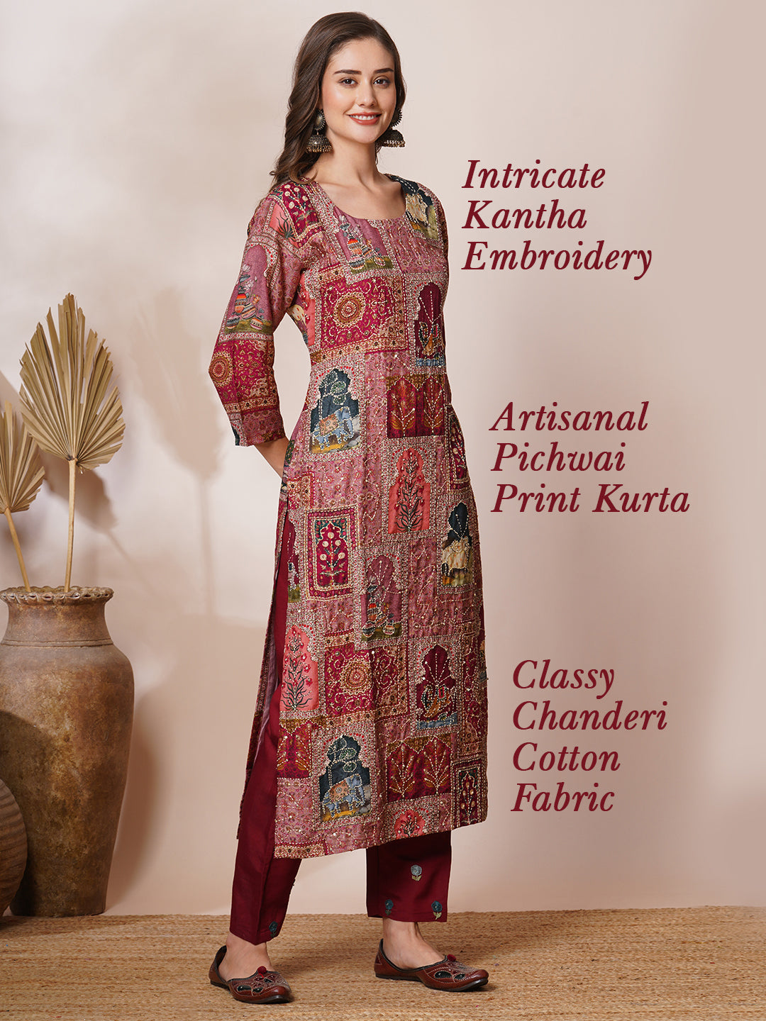 Ethnic Pichwai Printed & Kantha Embroidered Straight Fit Kurta - Mauve