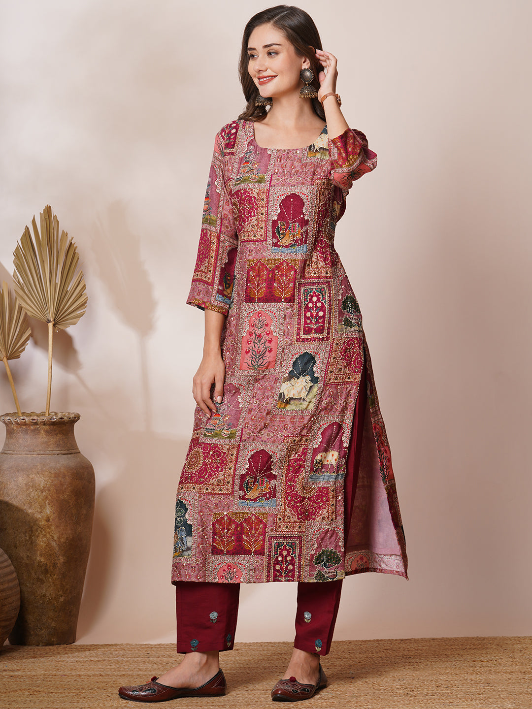 Ethnic Pichwai Printed & Kantha Embroidered Straight Fit Kurta - Mauve