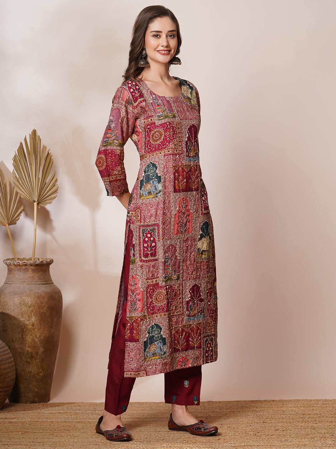 Ethnic Pichwai Printed & Kantha Embroidered Straight Fit Kurta - Mauve
