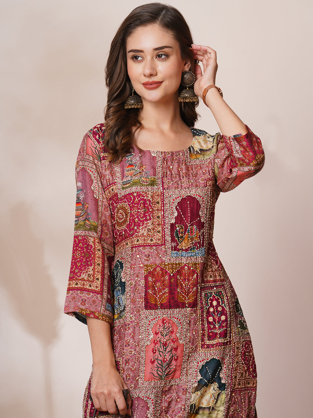 Ethnic Pichwai Printed & Kantha Embroidered Straight Fit Kurta - Mauve