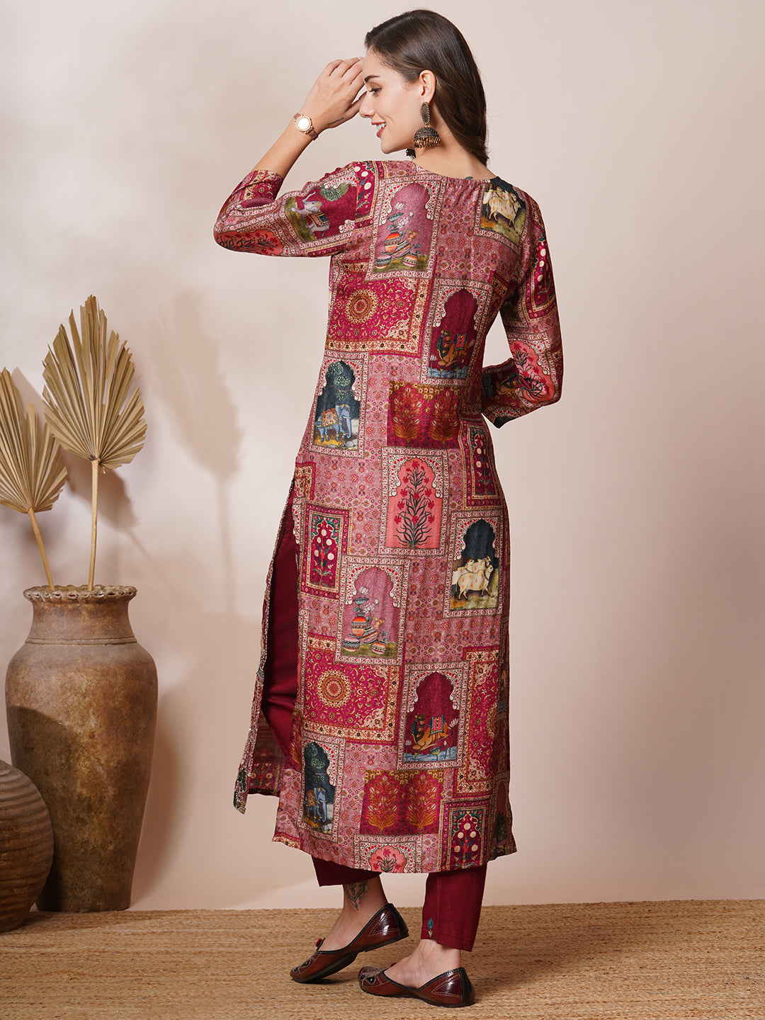 Ethnic Pichwai Printed & Kantha Embroidered Straight Fit Kurta - Mauve