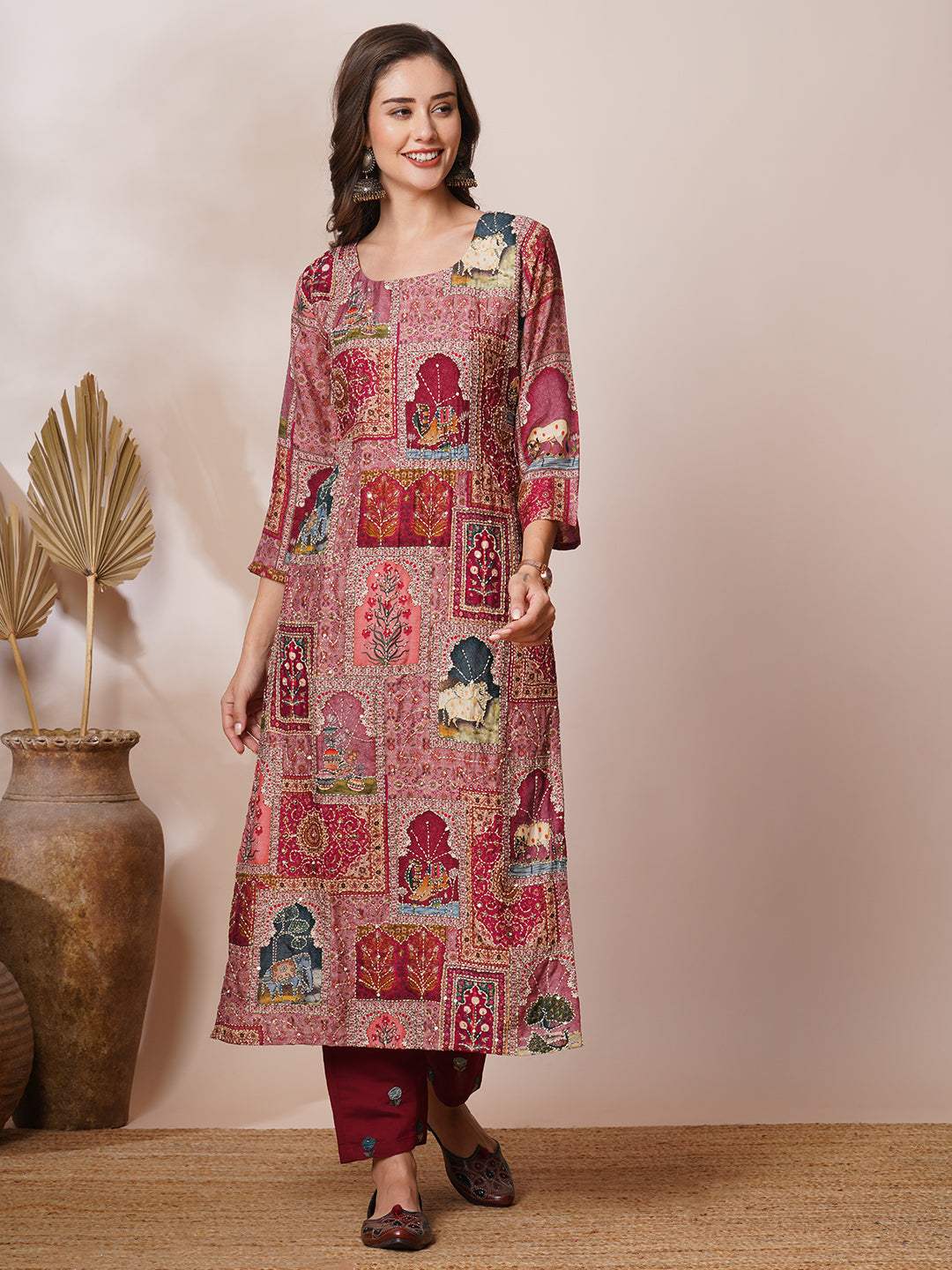 Ethnic Pichwai Printed & Kantha Embroidered Straight Fit Kurta - Mauve