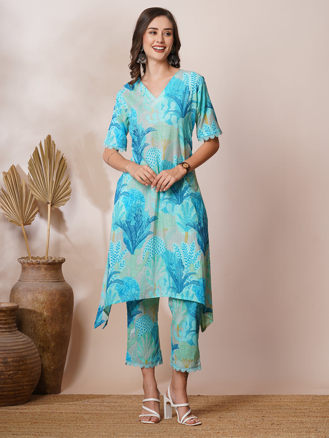 Tropical Floral Printed A-Line High- Low Co-ord Set - Blue
