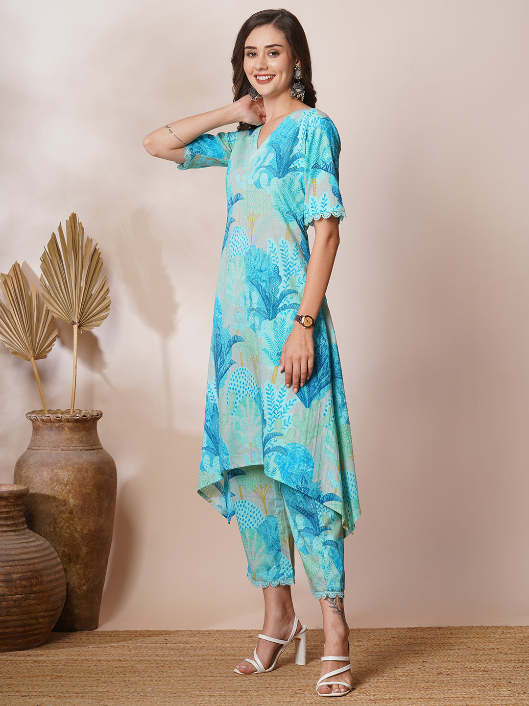 Tropical Floral Printed A-Line High- Low Co-ord Set - Blue