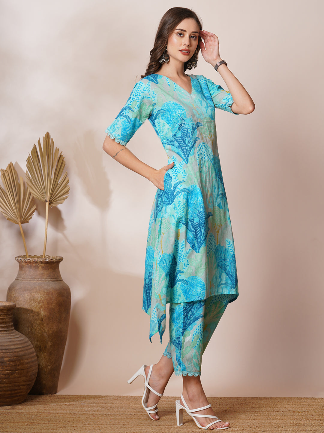 Tropical Floral Printed A-Line High- Low Co-ord Set - Blue