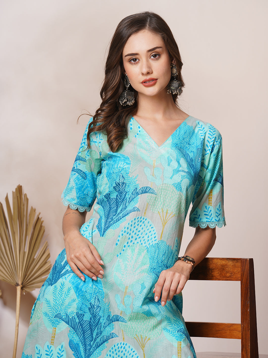 Tropical Floral Printed A-Line High- Low Co-ord Set - Blue