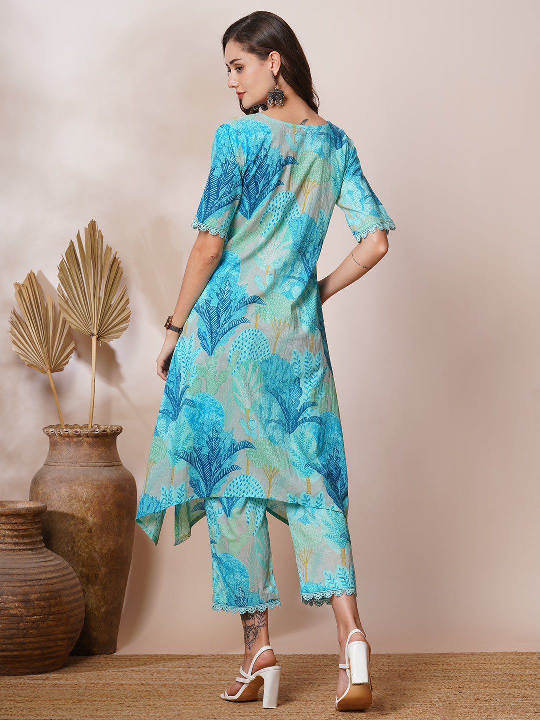 Tropical Floral Printed A-Line High- Low Co-ord Set - Blue