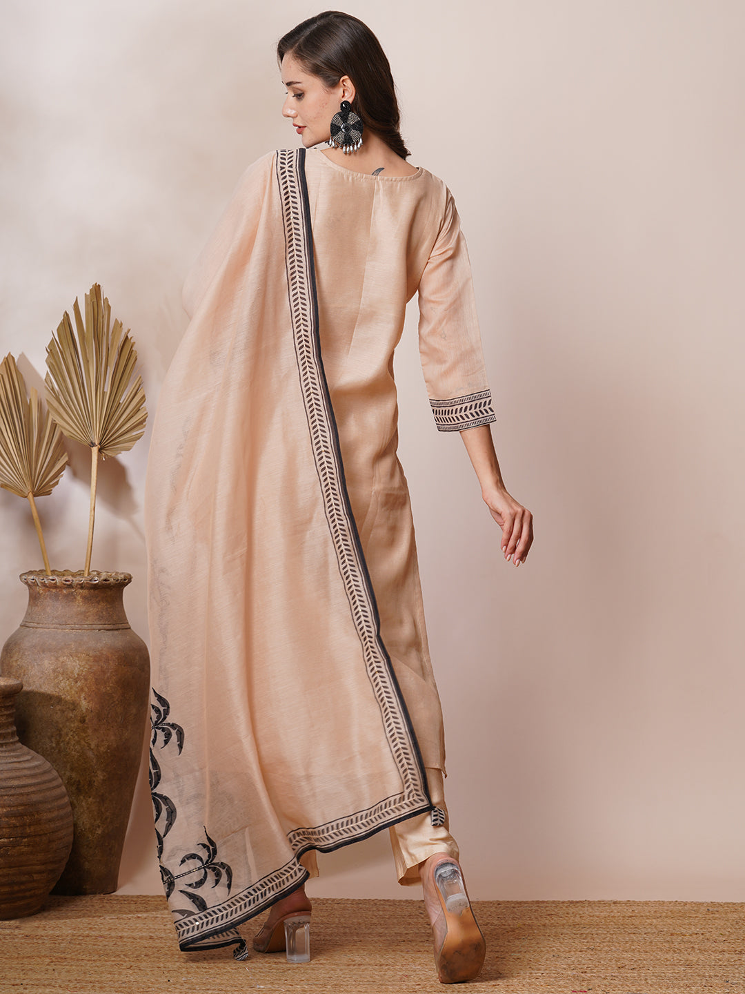 Floral Leaf Printed & Embroidered Straight Kurta with Pant & Dupatta - Beige