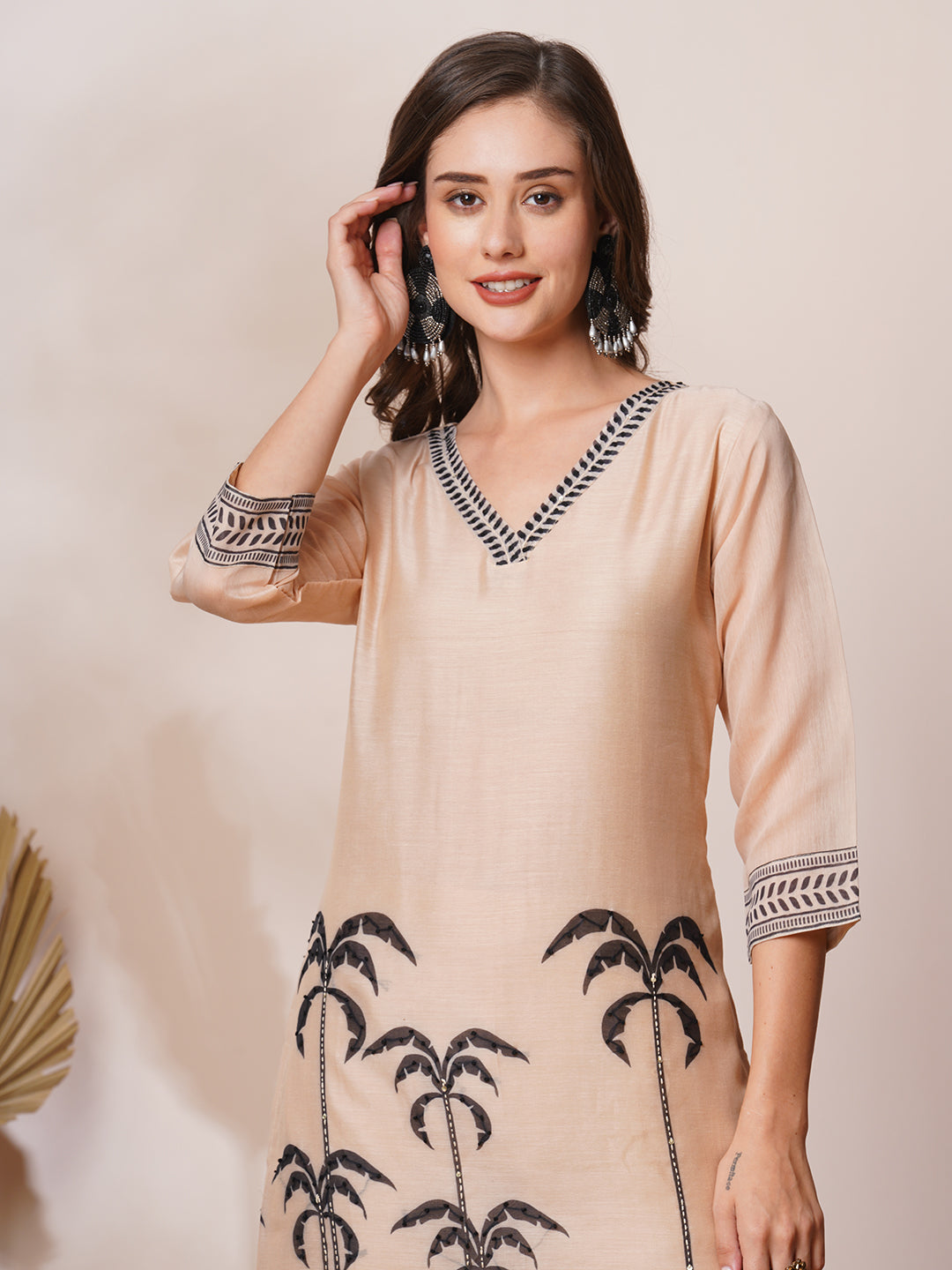 Floral Leaf Printed & Embroidered Straight Kurta with Pant & Dupatta - Beige