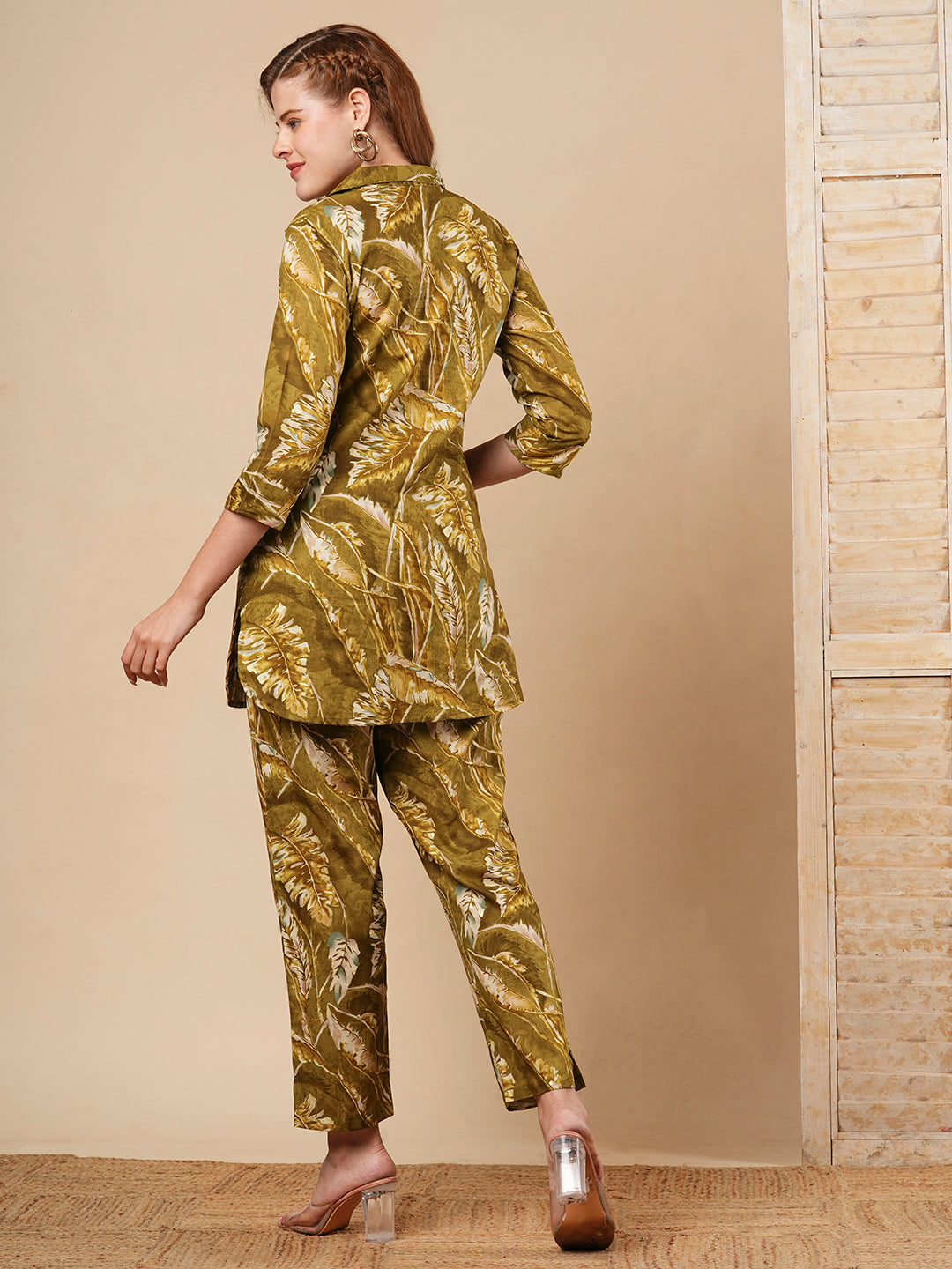 Floral Leaf Foil Printed Straight Fit Co-ord Set - Olive