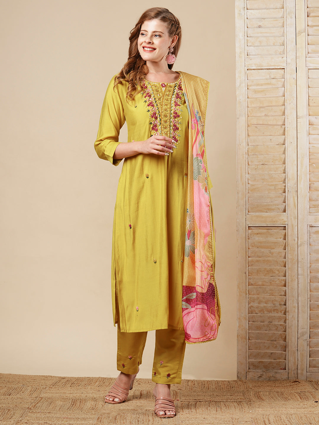 Floral Hand Embroidered Straight Fit Kurta with Pant & Dupatta - Mustard