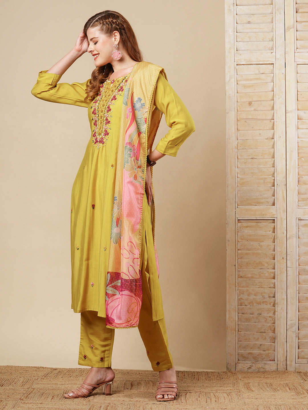 Floral Hand Embroidered Straight Fit Kurta with Pant & Dupatta - Mustard
