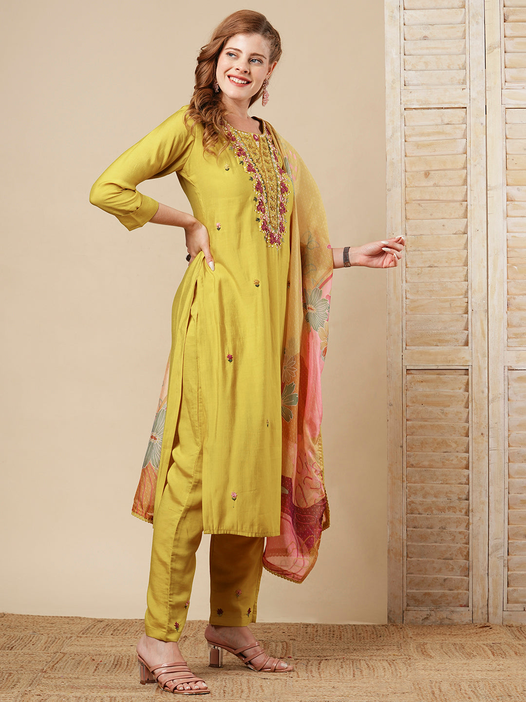 Floral Hand Embroidered Straight Fit Kurta with Pant & Dupatta - Mustard