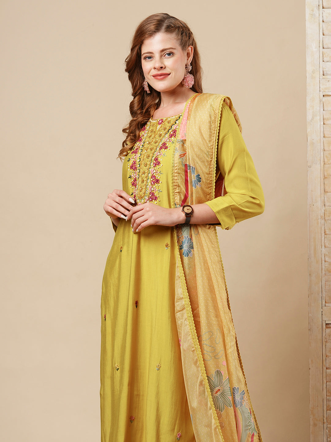 Floral Hand Embroidered Straight Fit Kurta with Pant & Dupatta - Mustard