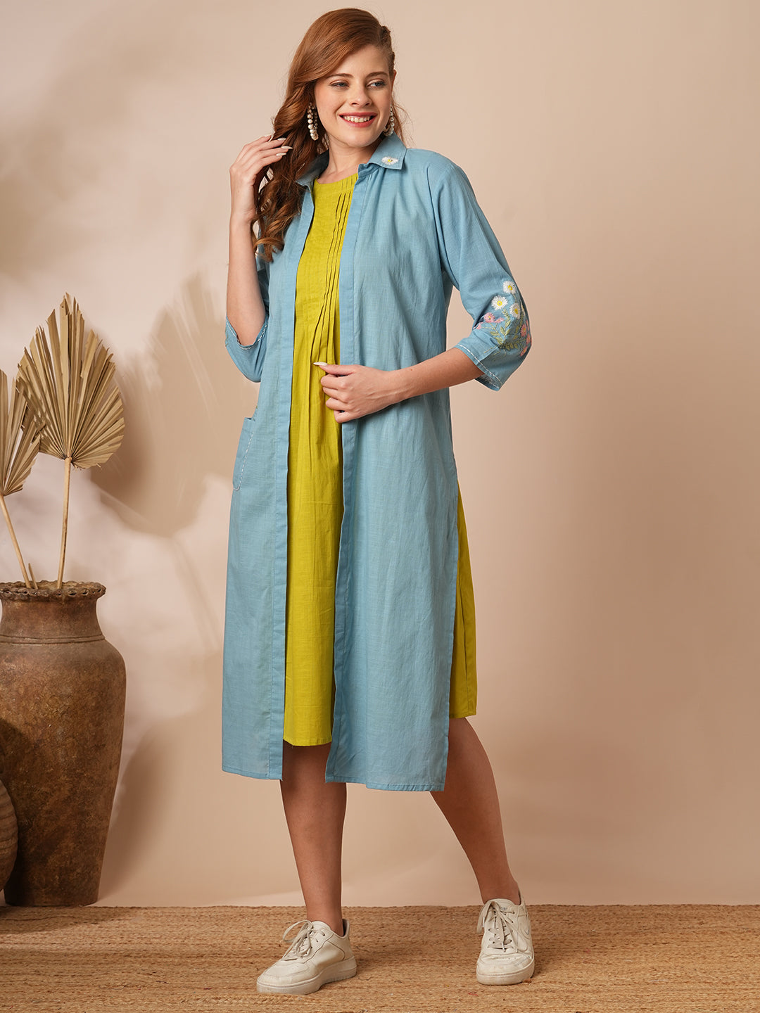 Solid Pin Tucked A-Line Dress with Floral Embroidered Jacket - Lime Green