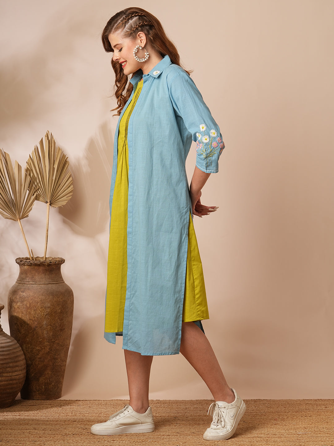 Solid Pin Tucked A-Line Dress with Floral Embroidered Jacket - Lime Green