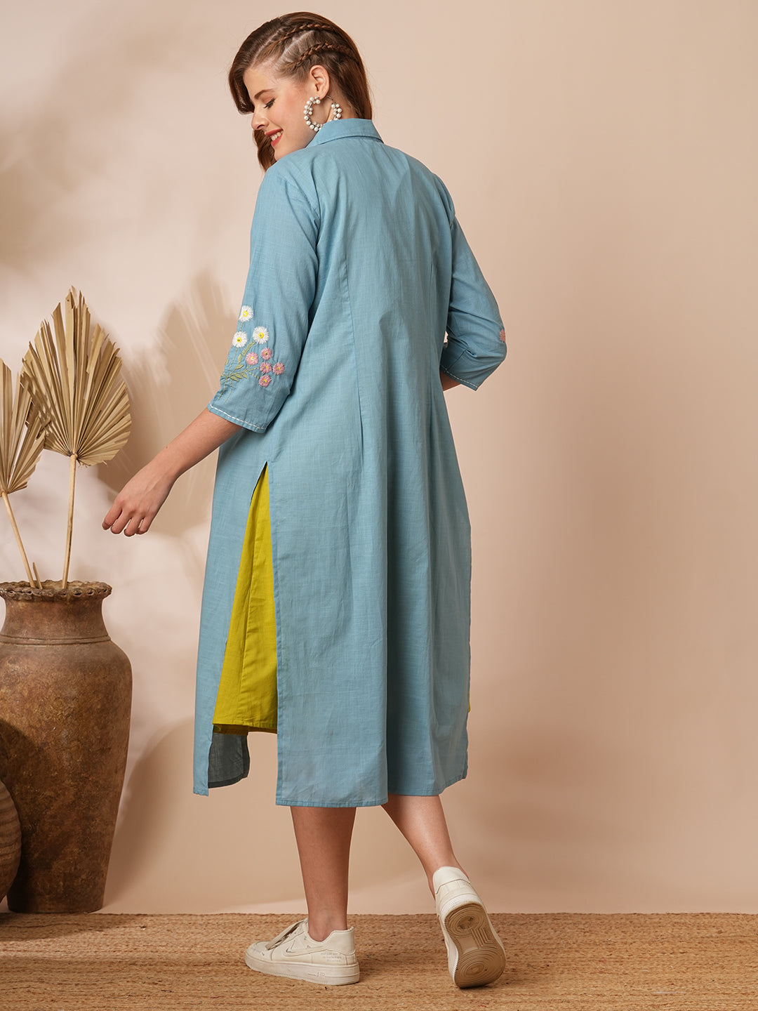 Solid Pin Tucked A-Line Dress with Floral Embroidered Jacket - Lime Green