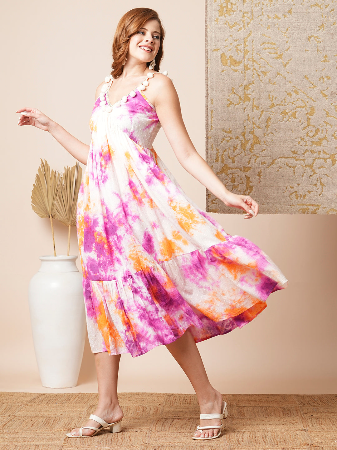 Shibori Tie-Dyed & Embroidered Cotton Dobby A-Line Pleated Midi Dress - Multi