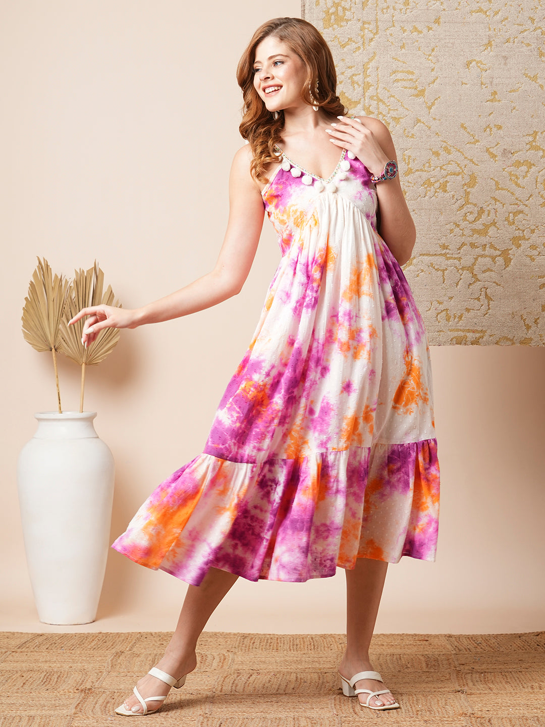 Shibori Tie-Dyed & Embroidered Cotton Dobby A-Line Pleated Midi Dress - Multi