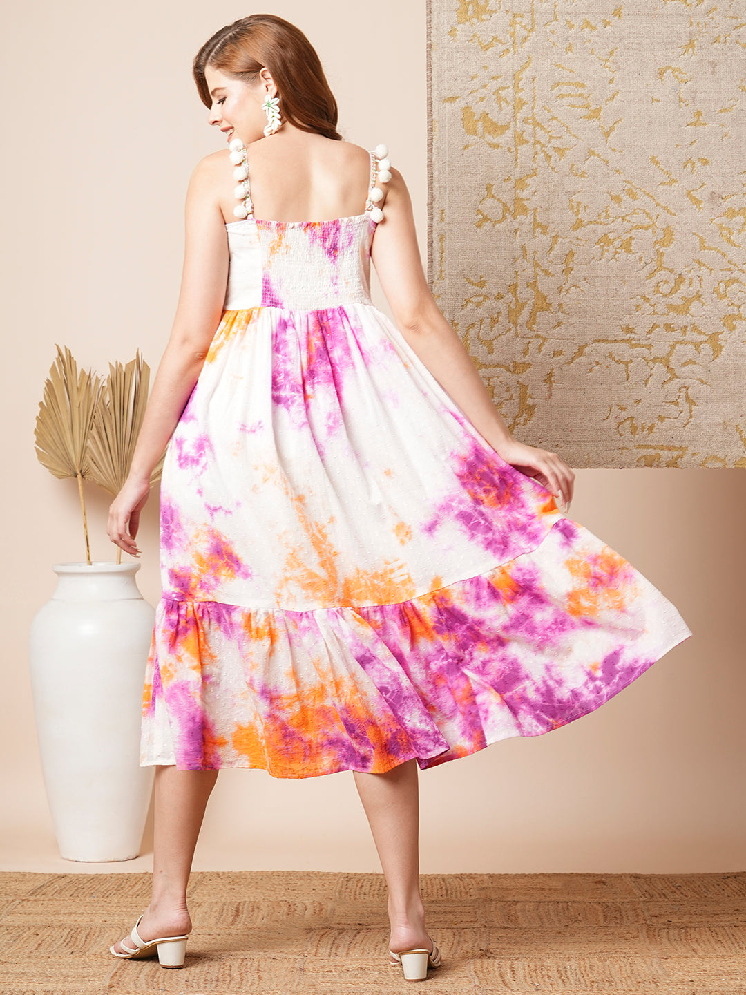 Shibori Tie-Dyed & Embroidered Cotton Dobby A-Line Pleated Midi Dress - Multi