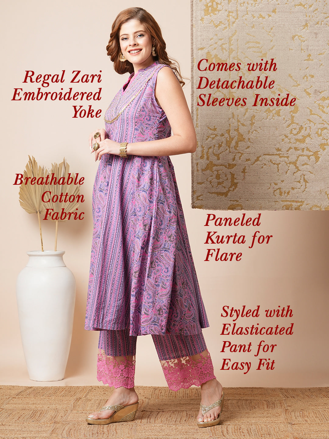 Ethnic Stripes & Paisley Printed & Embroidered A-Line Paneled Kurta with Palazzo - Lavender