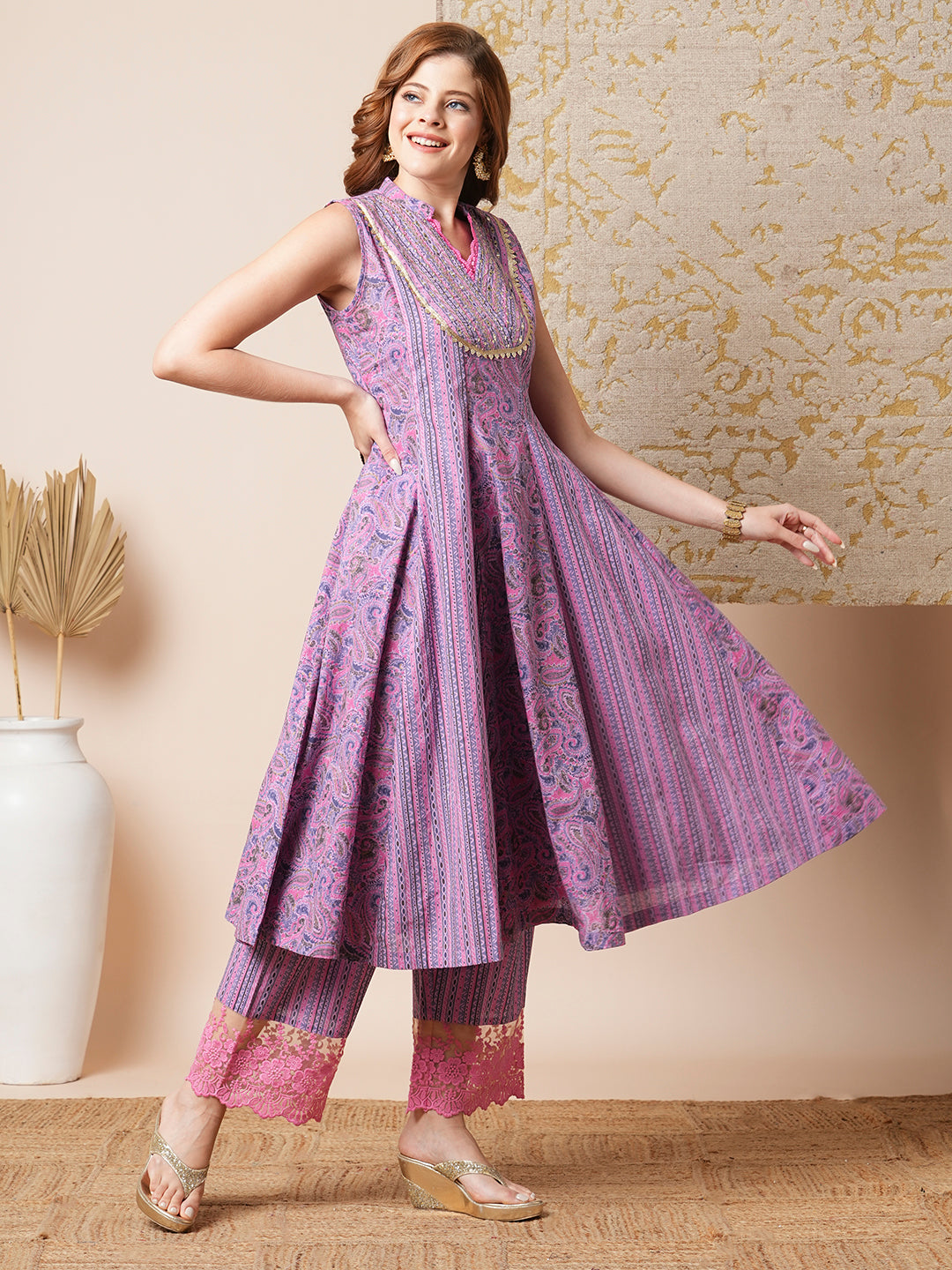 Ethnic Stripes & Paisley Printed & Embroidered A-Line Paneled Kurta with Palazzo - Lavender