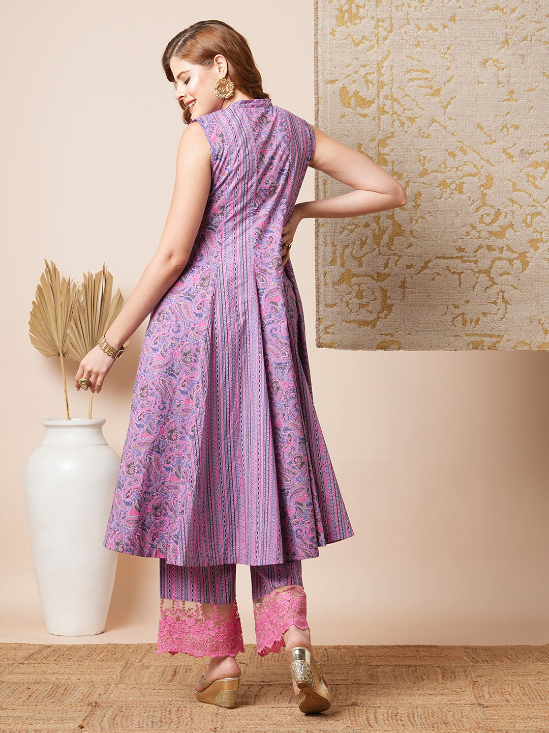 Ethnic Stripes & Paisley Printed & Embroidered A-Line Paneled Kurta with Palazzo - Lavender