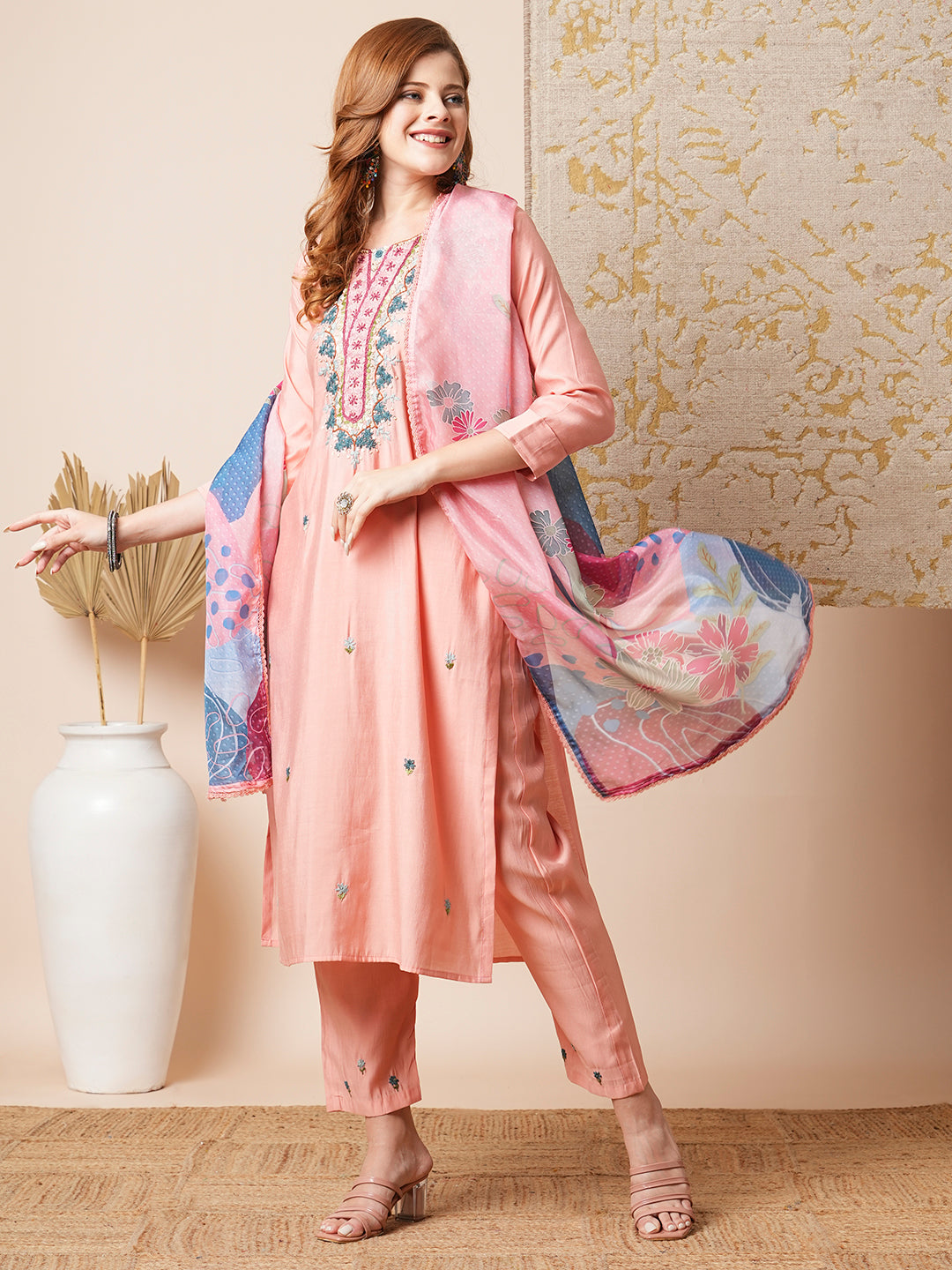 Floral Hand Embroidered Straight Fit Kurta with Pant & Dupatta - Pink